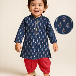 EARTHY TOUCH Single Jersey Knit Full Sleeves Foil Printed Kurta Dhoti Set - Navy Blue & Red-image-57