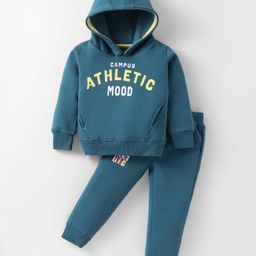 Pepito Fleece Knit Full Sleeves Winter Wear Hooded Sweatshirt & Lounge Pant Set With Text Print - Blue-image-15