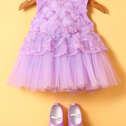 Bluebell Net Woven Sleeveless Party Frock with Pair of Booties Floral Detailing & Applique - Purple-image-29