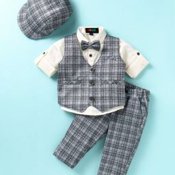Robo Fry Lycra Knit Full Sleeves Checkered 3 Piece Party Suit with Bow & Hat - Grey-image-86