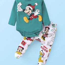 Babyhug Disney Lycra Knit Full Sleeves Onesie with Footed Lounge Pant & Mickey Mouse Graphics - Green & White-image-11