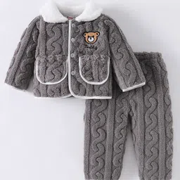 Kookie Kids Full Sleeves Collared Winter Wear Night Suit With Teddy Applique - Grey-picture-32