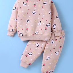 Teddy Fleece Knit Full Sleeves Winter Night Suit With Panda Print - Peach-image-84