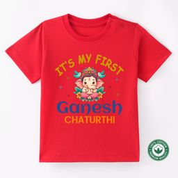 BLUSHES Ganesha Theme 100% Cotton Half Sleeve Ganesh Chaturthi Printed Tee-Red-image-54