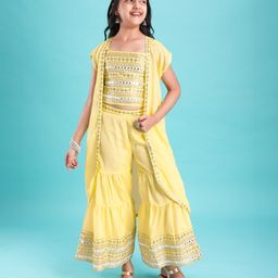 Pine Kids Woven Sequinned Sleeveless Top & Palazzo Set with Shrug-Light Yellow-image-76