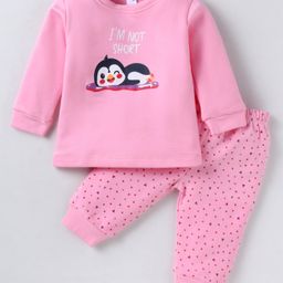 Tango Fleece Knit Full Sleeves Penguin Printed Winter Wear Sweatshirt & Lounge Pant Set - Pink-image-95