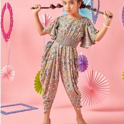 MASTARANG Half Sleeves Bandhani & Floral Designed Smocked Jumpsuit - Multi Colour-image-94