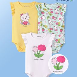 Babyoye 100% Cotton Knit Frill Sleeves Eco Jiva Finish Onesies with Kitty & Floral Print Pack of 3 - Yellow White & Light Green-image-34