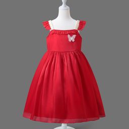 Mark & Mia Frill Sleeves Party Frock with Butterfly Embroidery - Red-image-45