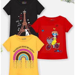Trampoline Pack Of 3 Half Sleeves Hearts & Rainbows Make Me Happy Text Printed Tees - Yellow Red & Black-image-15