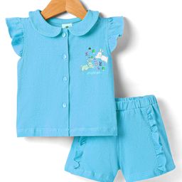 Zero Sinker Knit Frill Sleeves Top & Shorts Set with Bunny Print & Frill Detailing - Light Blue-image-86