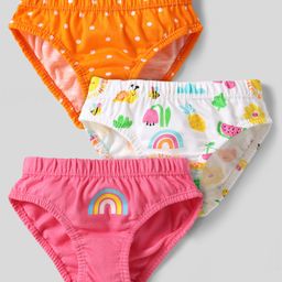 Babyhug 100% Cotton Panties With Polka Dots & Rainbow Print Pack Of 3 - Orange White & Dark Pink-image-26