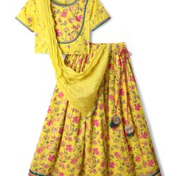 EARTHY TOUCH Cambric Woven Half Sleeves Choli Lehenga with Dupatta & Floral Print - Yellow-image-40