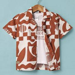 Ruff Poplin Woven Half Sleeves Abstract Print Shirt With T Shirt - Rust Orange-image-60
