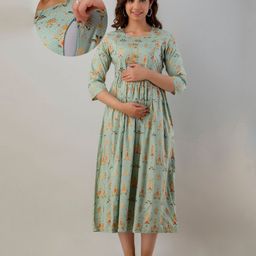 CeleBravo Rayon Three Fourth Sleeves Floral Foil Motifs Printed Maternity Dress With Nursing Access - Sea Green-picture-15