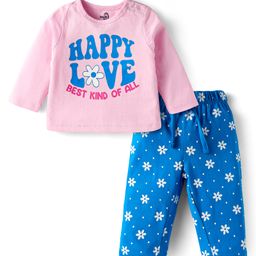 Doodle Poodle Single Jersey Knit Full Sleeves Nightsuit With Happy Love & Floral & Text Print - Pink & Blue-image-2