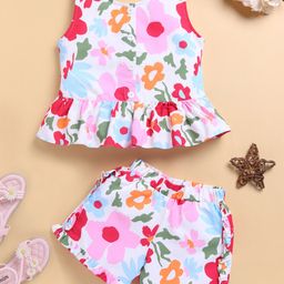 TOONYPORT Cotton Sleeveless Floral Printed Coordinating Top & Shorts Set - Multi Colour-image-66
