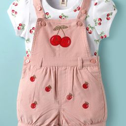 ToffyHouse Woven Dungaree & Half Sleeves Inner Tee With Cherry Embroidery & Print - Pink & White-image-8