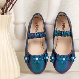 Toothless Floral Applique Detailed & Pearls Embellished Shimmered Mary Jane Ballerinas - Metallic Blue-image-70
