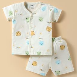 Pink Rabbit Single Jersey Knit Half Sleeves Shorts Co-Ord Night Suit With Teddy Bear Print - Off White-image-84