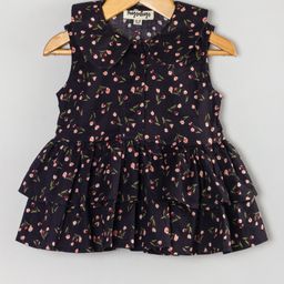 Hugsntugs Woven Cotton Sleeveless Tulips Printed Top - Black-image-6