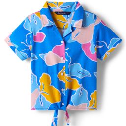 Pine Kids Cotton Knit Half Sleeves Knotted Top with Abstract Print - Blue-image-71