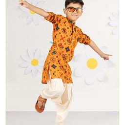 Vastramay Rayon Woven Full Sleeves Ethnic Printed Kurta Patiala Set - Mustard-image-3