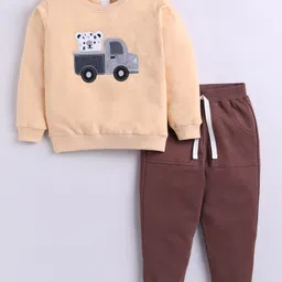 Little Ninja Cotton Knit Full Sleeves Truck Patch Embroidered Sweatshirt & Joggers Set - Beige & Brown-picture-26