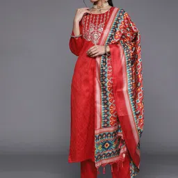 THE FAB FACTORY Floral Yoke Design Thread Work Straight Kurta With Trousers & Dupatta-picture-0