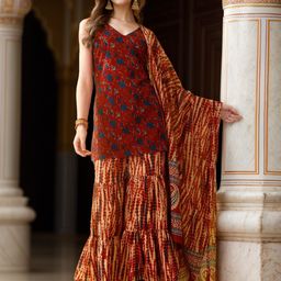 Ziva Fashion Women Floral Printed Regular Pure Cotton Kurta with Sharara & With Dupatta-picture-13