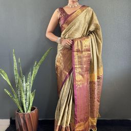 Beige Cotton Silk Zari Weaving Saree with Unstitched Blouse Piece-32
