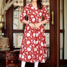 Miravan Red Cotton Angrakha Floral Print Kurta-image-30
