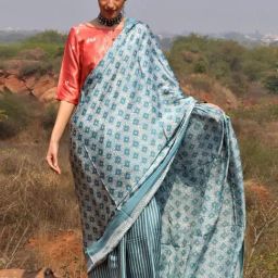 Chidiyaa Sea Blue Block Printed Modal Silk Saree-picture-17