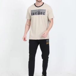 Masculino Latino Beige Regular Fit Printed Nightwear Set-image-52