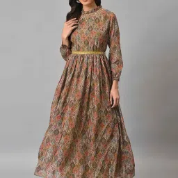 Wishful by W Olive Green & Blue Printed Maxi Dress-31