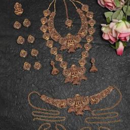 Panash Gold Plated Kundan Studded Peacock Shaped Temple Layered Jewellery Set-22