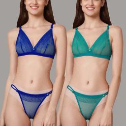 AROUSY Green & Blue Self Pattern Bra Panty Set - Pack Of 2-image-58