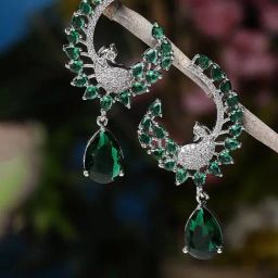 Zeneme Rhodium Plated Silver Toned Green AD Drop Earrings-22