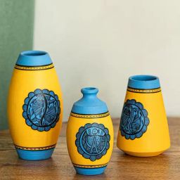 ExclusiveLane The Warli Tales Marigold Yellow & Cool Blue Terracotta Hand-Painted Madhubani Vase-picture-14