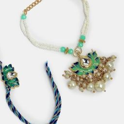 NVR Turquoise Lotus-Shaped Kundan & Beaded Handcrafted Wraparound Rakhi with Roli Chawal - Set of 2 image 5