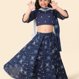 Fabindia Kids Navy Printed Lehenga, Choli with Dupatta-image-26