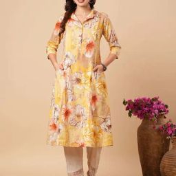 Fashor Yellow Cotton Printed A Line Kurta-image-4