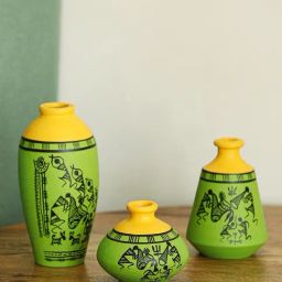 ExclusiveLane The Warli Tales Lime Green & Yellow Terracotta Hand-Painted Vases - Set of 3-picture-19