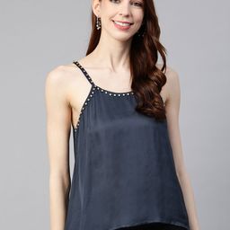 SCOUP Women Navy Blue Solid Satin Top-image-95