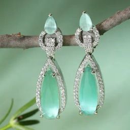 Zeneme Rhodium Plated Green AD Handcrafted Crystal Teardrop Shaped Drop Earrings-42