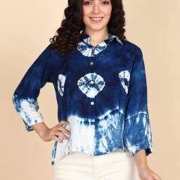 Maaesa Navy Blue And White Tie-Dye Three-Quarter Sleeves Shirt-image-27