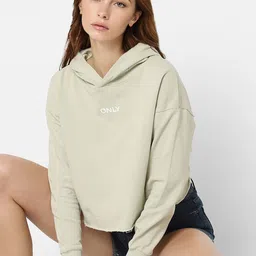 ONLY Women Green Pure cotton Printed Hooded Crop Sweatshirt-23