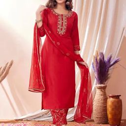 Skylee Red Embroidered Kurta With Pant & Dupatta-image-2