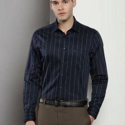 Tommy Hilfiger Navy Cotton Regular Fit Striped Shirt-image-100