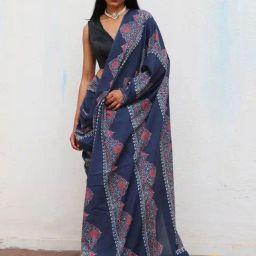 Chidiyaa Blue Chidyaa Fly Me to the Moon Handblockprinted Cotton Saree-picture-48